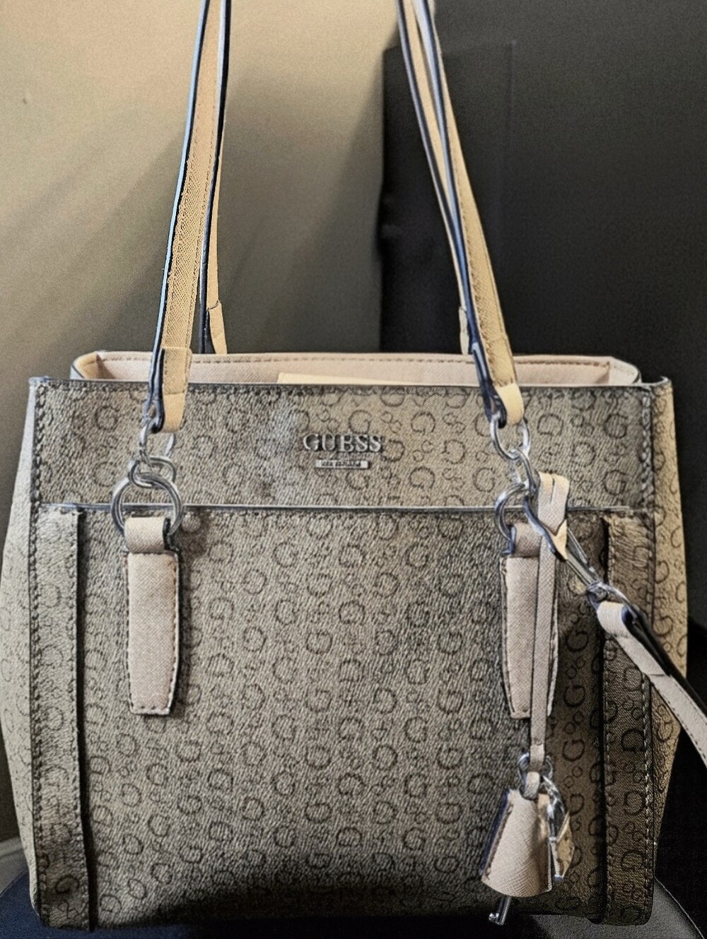 NWT-GUESS Erica Monogram Logo Crossbody Tote In Mocha Logo